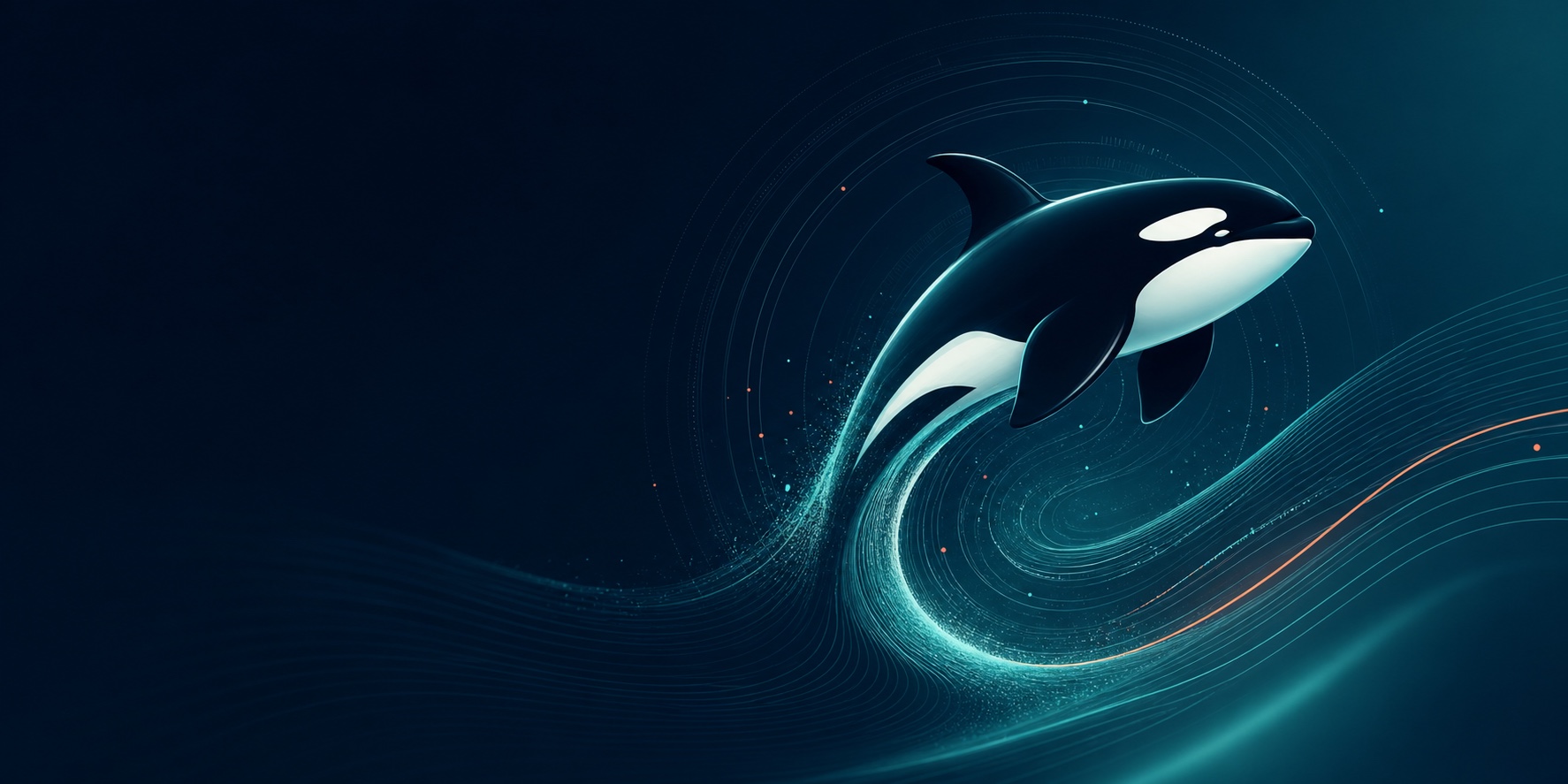 An Orca rising through a flowing digital wave