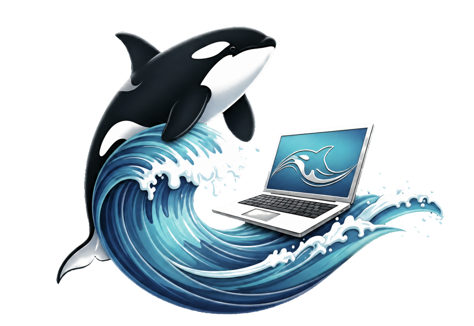 Orca rising above an ocean wave beside a laptop